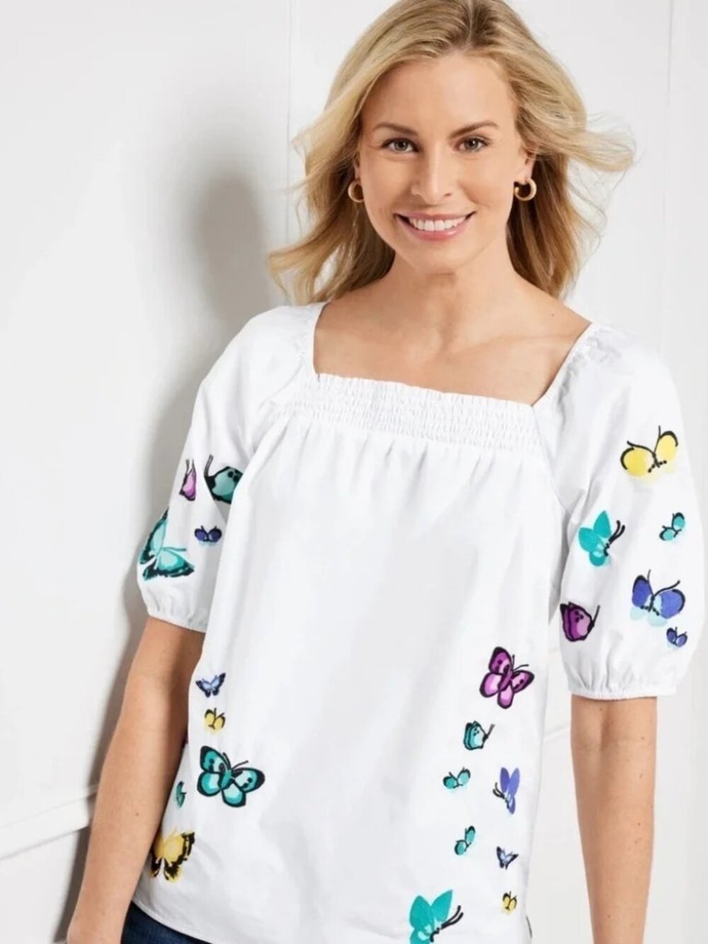 Talbots Plus White Embroidered Butterfly Smocked Blouse Size 3X